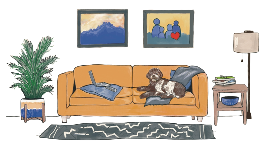 Comfy living room couch with laptop and dog